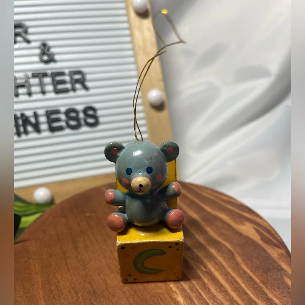 Russ Berrie Mini Bear Ornament on Alphabet Block “C” – Vintage Nursery Theme 🧸✨